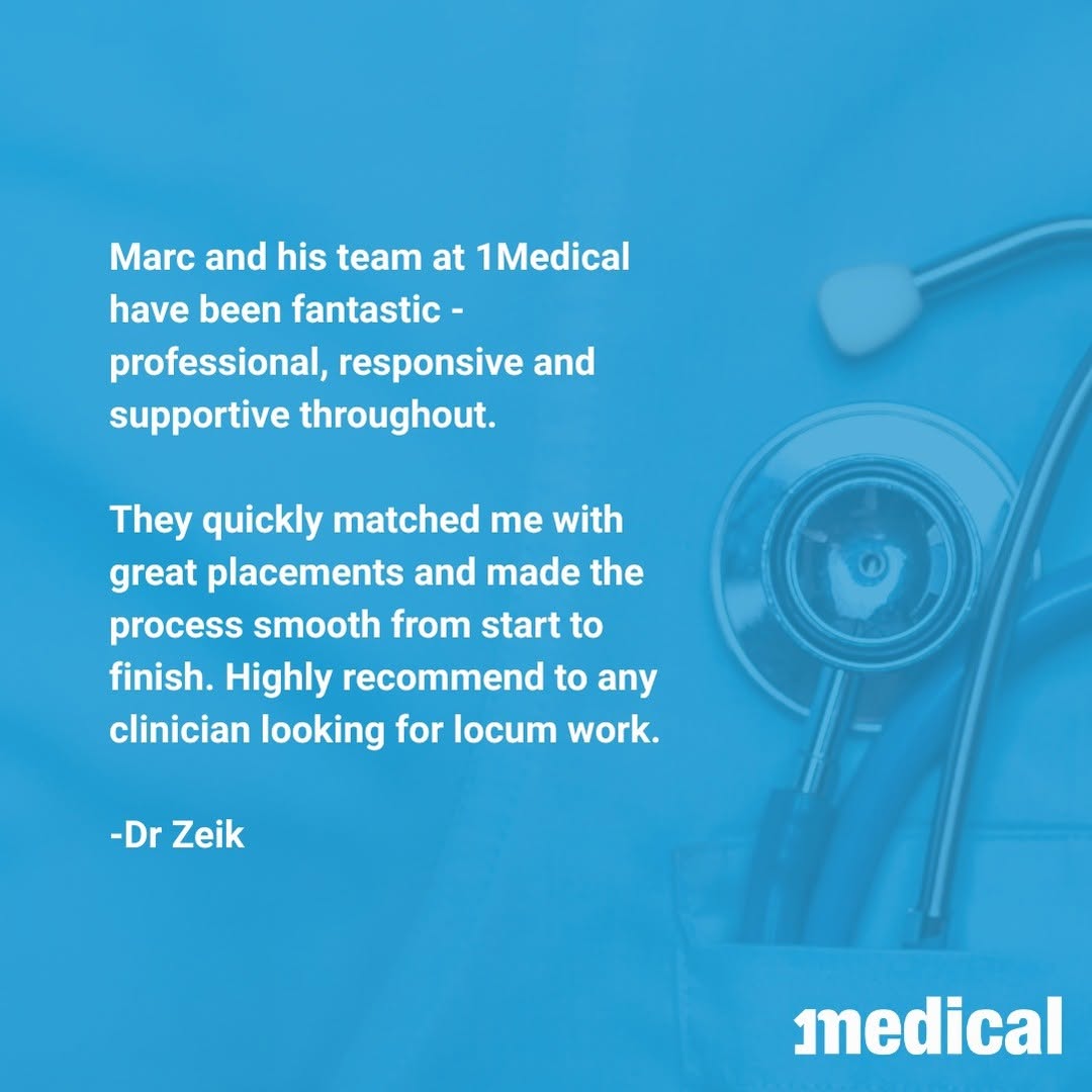 Congratulations to Marc Rogerson for a great testimonial from one of our locum doctors! “Marc and his team at 1Medical h...